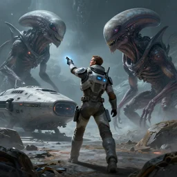 a man in a cyberpunk space suit on an alien planet, pointing a device at an alien monsters, the man is wandering away from his crashed space ship in the background, intricate, highly detailed, digital painting, artstation, sci fi, smooth, rimlight, sharp focus, illustration, unreal engine 5, 8 k, art by artgerm and greg rutkowski