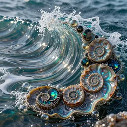 art nouveau cresting oil slick waves, hyperdetailed bubbles in a shiny iridescent oil slick wave, ammolite, black opals, rococo, organic rippling spirals, octane render, 8 k 3 d, spirals, glistening seafoam, abalone, ammonite, druzy geode
