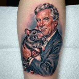 tattoo of george bush holding a massive cute rat, black, blue gray, pink, and white ink, detailed, hyperrealistic trending on artstation