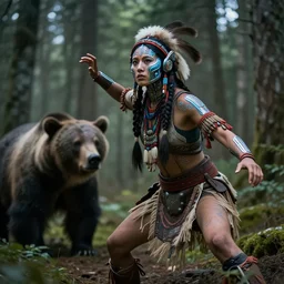 a beautiful portrait of a native american woman with futuristic cybernetic glowing war face paint, hunting a bear in the forest, dynamic pose, sci - fi, cyberpunk by ruan jia, jules bastien - lepage, 8 k