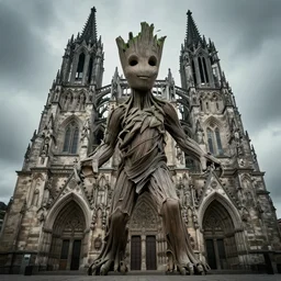 groot morphs with a cathedral, moody detailed