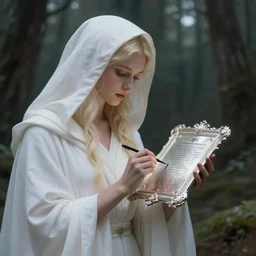 the goddess of memory inscribing prayers on a holy silver tablet in a forest, white hood, white robes, blonde, fantasy, magical, realistic and detailed, spiritual, supernatural, intricate, elegant, highly detailed, digital painting, trending on artstation, by wlop, 4 k octane render