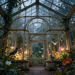 glass greenhouse, another world, birds, flowers, fairy tale, evening lights, highly detailed, low angle view, artstation, mysterious, comfort, in the style of aetherpunk