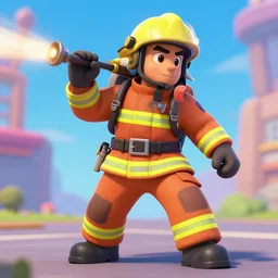 heroic firefighter in action, screenshot in a typical disney infinity 3 style, artstation, volumetric lighting, subsurface scattering, octane render, by josh black, background with fire flames