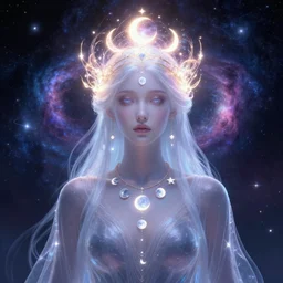 a portrait of a universe as an enchanting androgynous druid spirit wearing a brightly glowing crown of swirling galaxies colliding, seven necklaces of moons and stars, draped in transparent cloth, flat colors, occult, minimal, swirly, bust by alphonse mucha, decorative ornate art deco border, astrophotography, vast cosmos, digital illustration overlayed on photography, trending on artstation