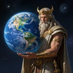 Mythological god holding planet Earth in space, 4k detailed art, deviantart