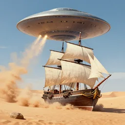 clipper ship sailing through a sand desert, firing broadside at hovering ufo, surrounded by sand, sand, desert, clean sails, torn sails, illustration, fantasy novel cover art