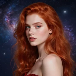 red haired girl, with a gorgeous galaxy on the background, highly detailed, deep focus, elegant, digital painting, smooth, sharp focus, golden ratio, illustration, ultra realistic, 8 k, art by artgerm trending