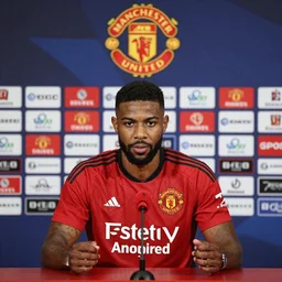 BBC Sports photography of a Manchester United press conference introducing Master Chief as their latest signing