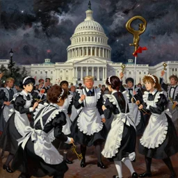 baroque oil painting of key visual environment concept art of anime maids storming the us capitol with donald trump on jan 6, brutalist, dark fantasy, rule of thirds golden ratio, fake detail, trending pixiv fanbox, acrylic palette knife, style of makoto shinkai studio ghibli genshin impact jamie wyeth james gilleard greg rutkowski chiho aoshima
