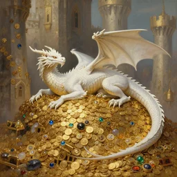concept art of a white scaled dragon laying on a mountain of golden coins and precious jewels inside a castle, medieval, jewels, gold, painting by wlop, nixeu and greg rutkowski, beautiful, semirealism, artstation, octane render, sharpness, 8 k, golden ratio