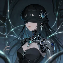 blindfolded dreaming humanoid female cyborg wearing gothic ornament surrounded by glowing wires by Anna Dittmann, by hayao miyazaki, digital art. surreal. trending on art station. anime arts. featured on Pixiv, HD, 8K, highly detailed, good lighting. beautiful. epic.