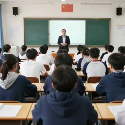 first - person view of the back of some adult college students at their desks facing the front of the class the teacher is standing all people with comically enlarged heads
