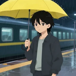 young adult, male, medium length black hair, brown eyes, pale skin, standing on a train platform, night, holding a yellow umbrella, cartoon, raining