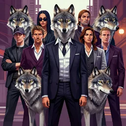 wolf gangs, pop art, pixel, bioshock art style, gta chinatown art style, face features, body features, ultra realistic art, digital painting, concept art, smooth, sharp focus, dynamic proportional, illustration, intricate, without duplication, elegant, confident posse, art by artgerm and richard hamilton and mimmo rottela, kirokaze and paul robertson