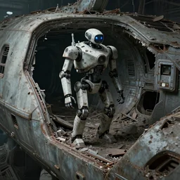 Cross-Section of a derelict and abandoned spaceship. A single defunct robot standing in the rubble.Trending on ,High quality , highly detailed, 4k , dead space , system shock 2 , world of war spaceships