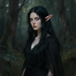 portrait painting of female forest elf black hair, black dress, dramatic light, 8 k, by greg rutkowski