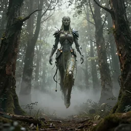 Surreal cyberpunk god floating in the air, in the middle of a wood, Cinematic lighting, insanely detailed, mist, trending on artstation, golden ratio, ultra super good 3D render by Pete Morbacher