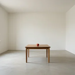 A 10ft by 10ft room empty except for a single apple on a table in the middle, table is centered