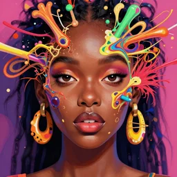 👩🏿🦳🦹🏿♀ face, bizarre, chaotic, vivid, hyper detailed, digital art, in the style of james jean, victoria ngai, e. a. seguy patterns, experimental abstract art, dadaist, mixed media collage, bizarre, vibrant, psycho, warm colors