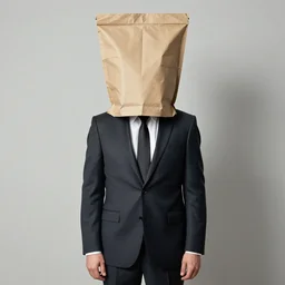 Man in a business suit with a bag covering his head, by David Shrigley
