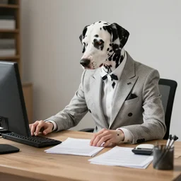 accountant dalmata wearing an elegant suit checking his tabled