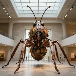 a giant insectlike sculpture built from various intricate scrap metal and industrial machine parts, no people, artviewer, it is standing inside og a huge museum hall