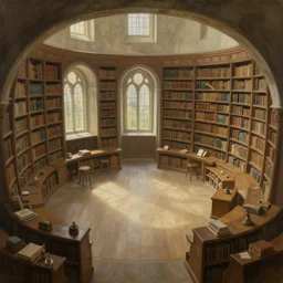 painting of an interior of a hidden ring - shaped library overlooking the great room, well maintained, clean, medieval, fantasy genre, natural light, fantasy, photo - realistic, natural light, by craig mullins, cozy atmospheric and cinematic lighting, trending on artstation