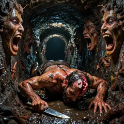 man covered in oil with knife arms crawling through a sewer on his belly with his head split in half. the walls of the sewer are screaming faces. nightmare photo