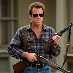 film still of Mickey Rourke as Nada wearing a flannel shirt and sunglasses and holding a shotgun with a bandolier in Bank scene in They Live 1988
