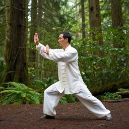 tai chi master practicing form in pacific northwest dream forest