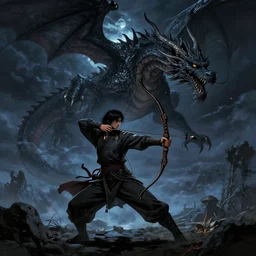 korean archer fighting a dragon under the night sky. the archer is in the ground. the dragon in the sky. dark fantasy. high resolution. dungeons and dragons. fantasy. detailed. digital art. dark fantasy. by kentaro miura