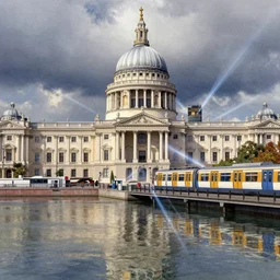 neoclassical building with dome in a waterway, next to a urban train, blonde hair, pinterest, artstation trending, behance, watercolor, by coby whitmore, silver, laser light,