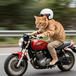 orange tabby cat driving a motorcycle.