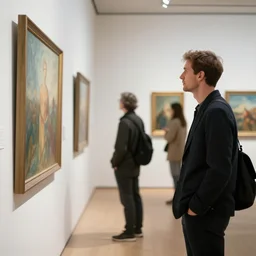 people looking at art in a gallery tom bagshaw style
