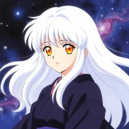 portrait of a young witch girl, flowing white hair, kyoto animation, yoshitoshi abe, loish, murata range, synthwave, cosmic, kawaii,orange, big anime eyes,studio lighting, manga, anime, 1980s, yoshitaka amano, vibrant, beautiful,  dreamy, gradation, jean giraud,  ((space nebula background))
