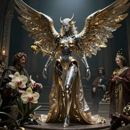 still frame from Prometheus movie by Makoto Aida, biomechanical orchids mantis angel archangel gynoid by giger, metal couture by neri oxmn and Guo pei, editorial by Malczewski and by Caravaggio