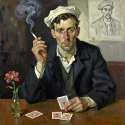 oil painting in the style of john craxton. sailor talking in the shadows of jazz club. cheekbones. looking forwards. strong expressions on faces. smoke. holding cigarettes. playing cards. scratched. strong lighting. brush. single flower. in the style of ivon hitchins. seated figure hands on table. line drawing. high detail. painted