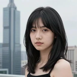 « attractive, middle length hair, black hair, girl, photorealistic, unreal engine 5, highly detailed, sharpe focus, front view, ghost in the ´, building skyscraper in the background »