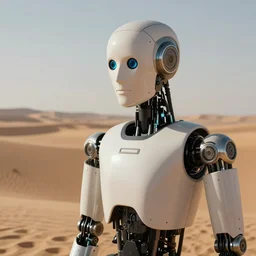 realistic humanoid robot, close up, desert background, shot by denis villeneuve