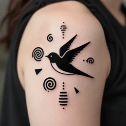 a beautiful tattoo design of minimalist swallows flying around spirals and primitive shapes, black ink, abstract logo, line art