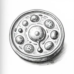 a beautiful, text book, black and white drawing of an eukaryotic cell