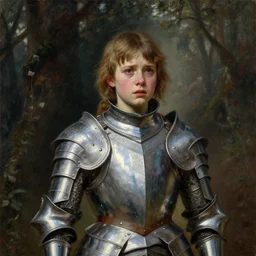 a detailed, beautiful portrait oil painting of someone who looks an 1 8 - year old gemma ward, with a hurt expression, wearing intricate, full - plate iridescent armor in an ancient forest, by donato giancola, john williams waterhouse, and william adolphe bouguereau