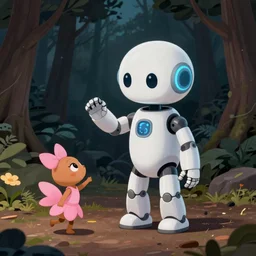 innocent ai robot playing with a pixie at night woods, trending on artstation, 50mm, by Noah Bradley