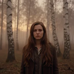 medium portrait of aerith gainsborough, solemn expression, faded color film, russian cinema, tarkovsky, kodachrome, heavy birch forest, long brown hair, old clothing, heavy fog, atmospheric haze, brown color palette, sunset, low light, dramatic lighting