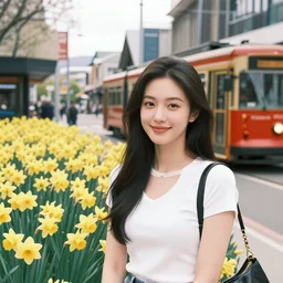 beautiful young woman on holiday in christchurch new zealand tram cashel mall hagley park daffodils high quality 8 k render digital fantasy art beautiful stunning. information. tourism intricate. ornate. wonderful. utopia.