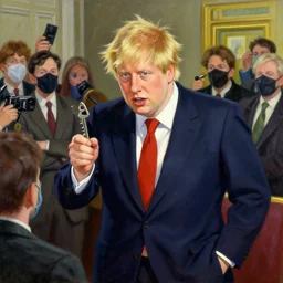 anime key visual of boris johnson addressing the covid epidemic to a room of reporters, style of jamie wyeth james gilleard edward hopper greg rutkowski acrylic painting, preserved museum piece, historical
