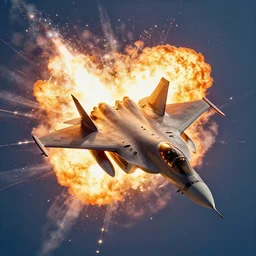 cinematic areal shot of a fighter jet exploding from the energy wave concept art