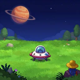 in front of a small spaceship on a grass field, on an remote planet, from a sierra point and click 2 d graphic adventure game, art inspired by thomas kinkade