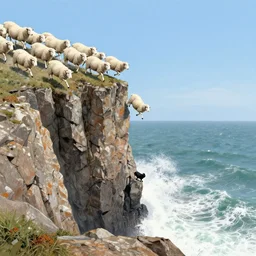 forty five white sheep running fast towards a cliff made of jagged rock and we can see them falling like lemmings down the cliff into the sea and facing the crashing white waves, there is one single black sheep going against the crowd, clear blue skies, old colored sketching, cliff panoramic shot